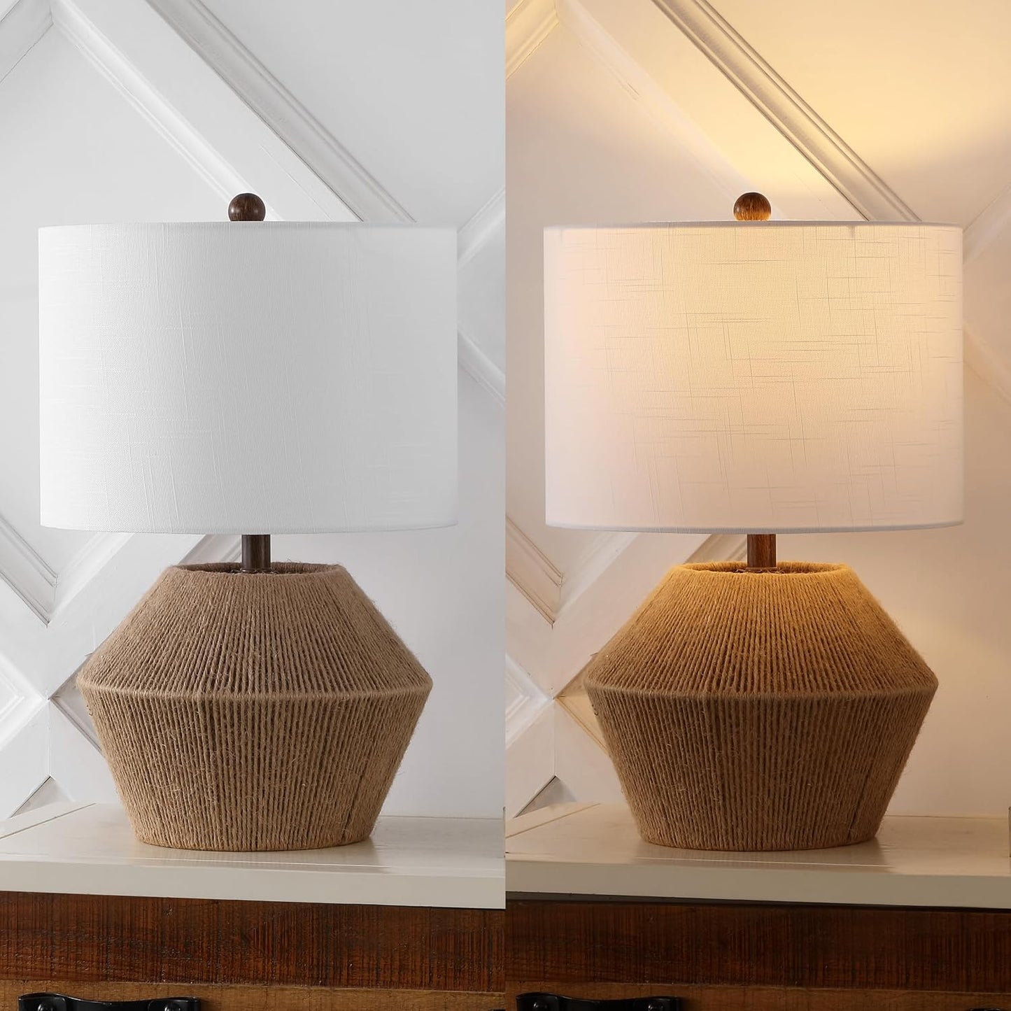 Alma 21.75" Coastal Rustic Rope Metal Table Lamp, Brown | White Linen Drum Shade, Farmhouse Bedside Nightstand Light, for Living Room, LED Bulb Included