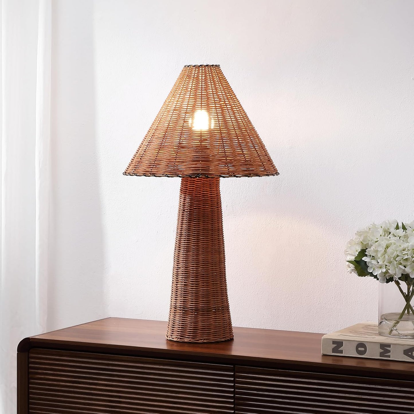Kara 26.5" Modern Coastal Woven Rattan Table Lamp, Dark Brown | Scandinavian Minimalist Tapered Cylinder Wicker Bedside Nightstand Light, In-Line Switch, LED Bulb Included