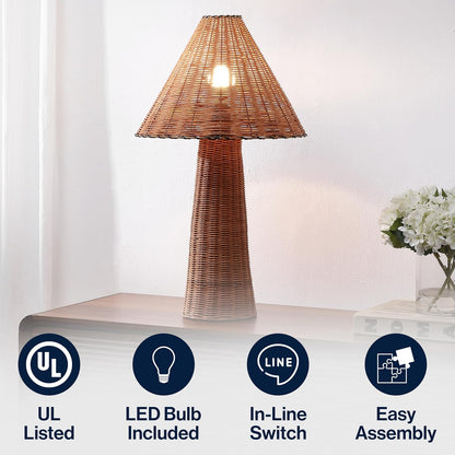 Kara 26.5" Modern Coastal Woven Rattan Table Lamp, Dark Brown | Scandinavian Minimalist Tapered Cylinder Wicker Bedside Nightstand Light, In-Line Switch, LED Bulb Included
