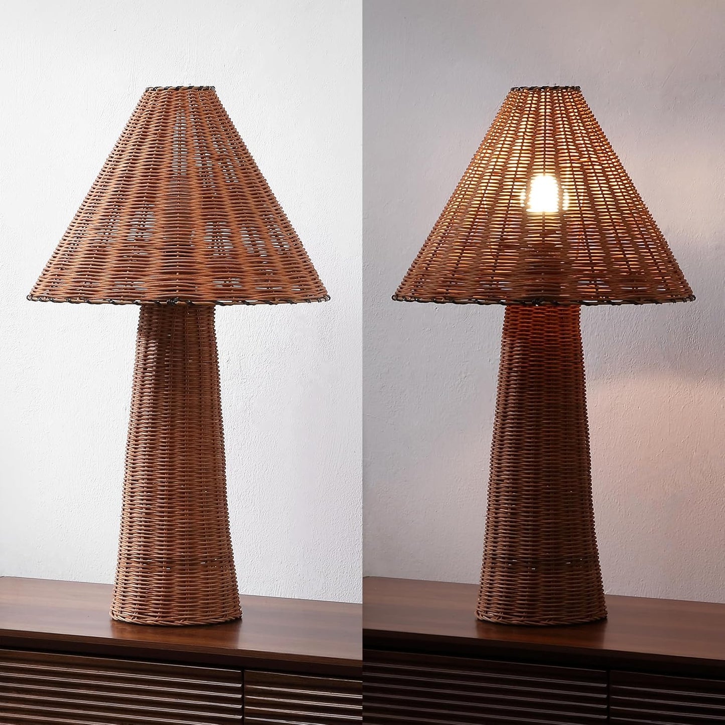 Kara 26.5" Modern Coastal Woven Rattan Table Lamp, Dark Brown | Scandinavian Minimalist Tapered Cylinder Wicker Bedside Nightstand Light, In-Line Switch, LED Bulb Included