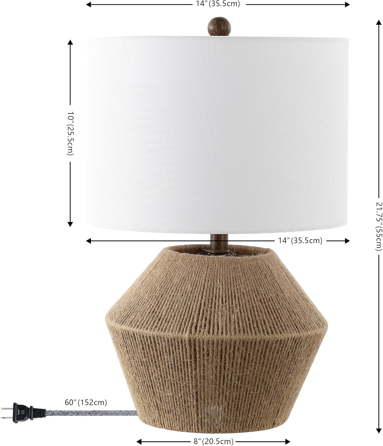 Alma 21.75" Coastal Rustic Rope Metal Table Lamp, Brown | White Linen Drum Shade, Farmhouse Bedside Nightstand Light, for Living Room, LED Bulb Included