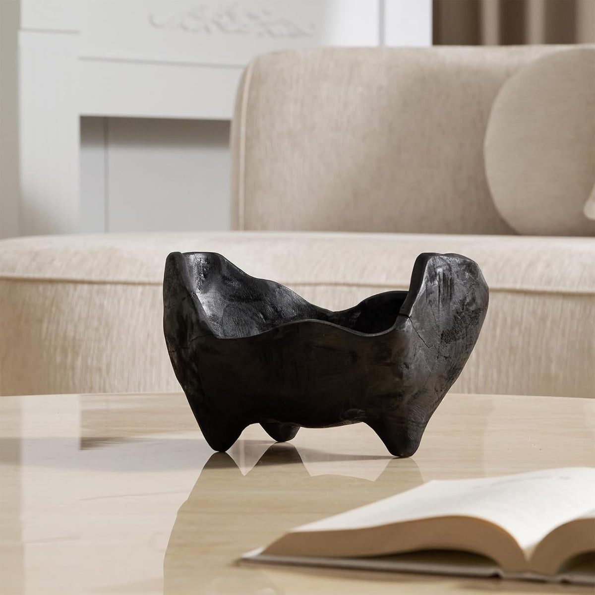 Oak Wood Black Decorative Bowl, 9.25X5.51 Inch Small Bowl | Matte Black Bowl for Entryway Key, Fruit, Candy with Feet, Boho Farmhouse Home Decor for Dining Room Coffee Table Centerpiece