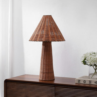 Kara 26.5" Modern Coastal Woven Rattan Table Lamp, Dark Brown | Scandinavian Minimalist Tapered Cylinder Wicker Bedside Nightstand Light, In-Line Switch, LED Bulb Included