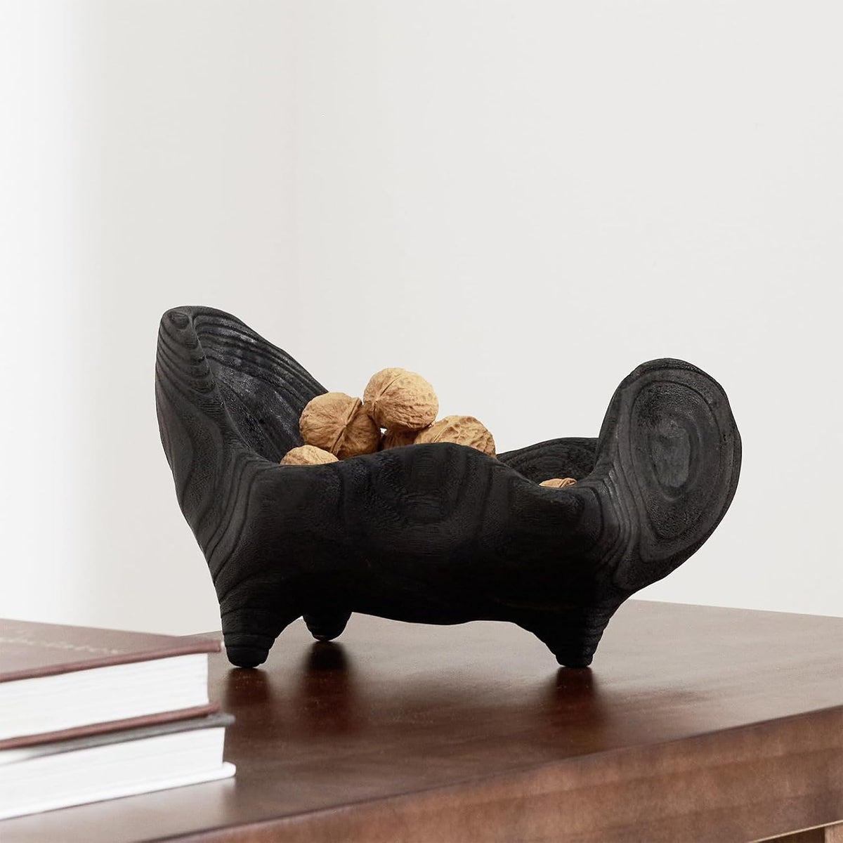 Oak Wood Black Decorative Bowl, 9.25X5.51 Inch Small Bowl | Matte Black Bowl for Entryway Key, Fruit, Candy with Feet, Boho Farmhouse Home Decor for Dining Room Coffee Table Centerpiece