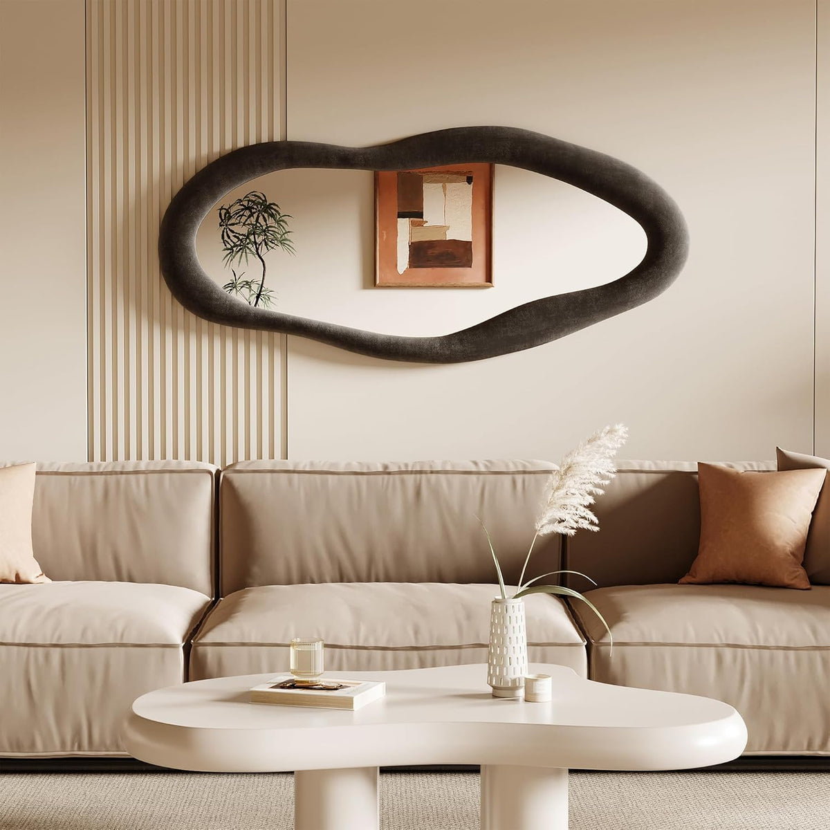 55" X 24" Wavy Mirror, Flannel Wrapped Wooden Frame, Irregular Hanging for Cloakroom/Bedroom/Living Room, Black