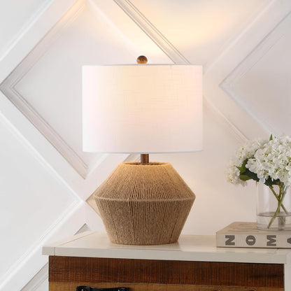Alma 21.75" Coastal Rustic Rope Metal Table Lamp, Brown | White Linen Drum Shade, Farmhouse Bedside Nightstand Light, for Living Room, LED Bulb Included