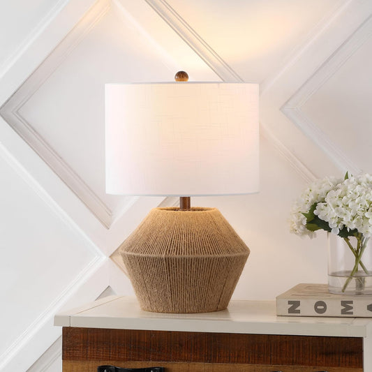 Alma 21.75" Coastal Rustic Rope Metal Table Lamp, Brown | White Linen Drum Shade, Farmhouse Bedside Nightstand Light, for Living Room, LED Bulb Included