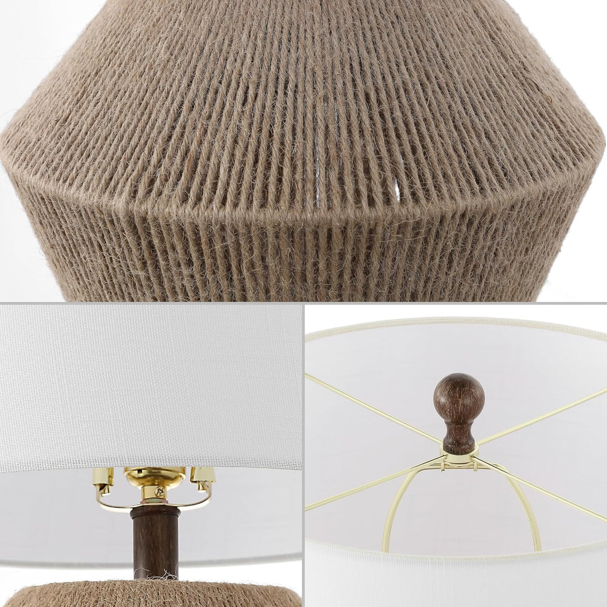 Alma 21.75" Coastal Rustic Rope Metal Table Lamp, Brown | White Linen Drum Shade, Farmhouse Bedside Nightstand Light, for Living Room, LED Bulb Included