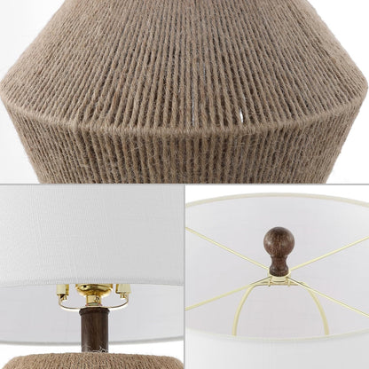 Alma 21.75" Coastal Rustic Rope Metal Table Lamp, Brown | White Linen Drum Shade, Farmhouse Bedside Nightstand Light, for Living Room, LED Bulb Included