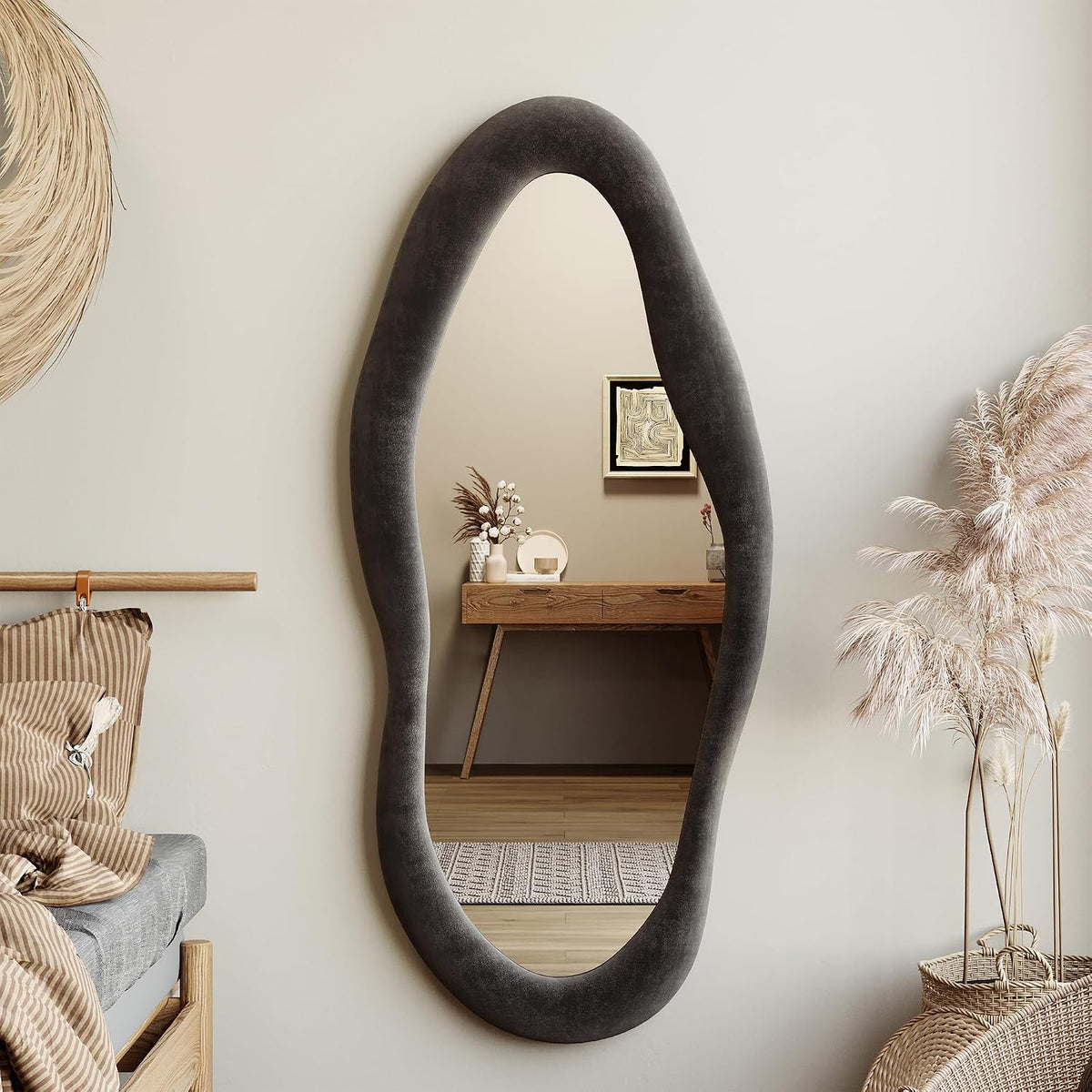 55" X 24" Wavy Mirror, Flannel Wrapped Wooden Frame, Irregular Hanging for Cloakroom/Bedroom/Living Room, Black