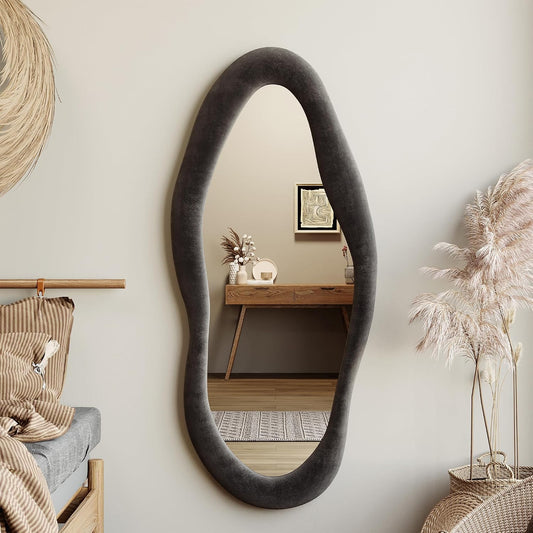 55" X 24" Wavy Mirror, Flannel Wrapped Wooden Frame, Irregular Hanging for Cloakroom/Bedroom/Living Room, Black