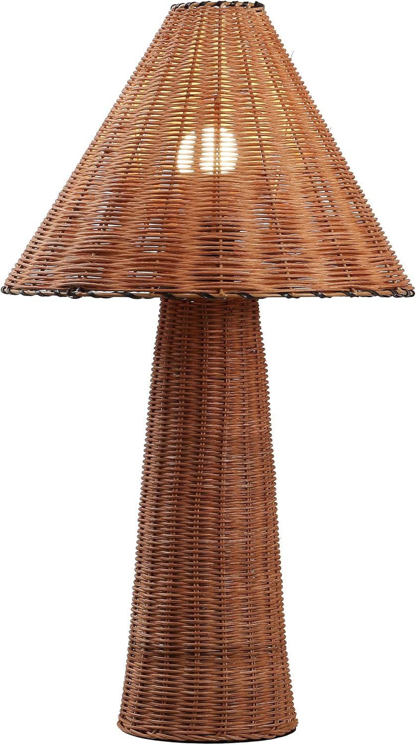 Kara 26.5" Modern Coastal Woven Rattan Table Lamp, Dark Brown | Scandinavian Minimalist Tapered Cylinder Wicker Bedside Nightstand Light, In-Line Switch, LED Bulb Included