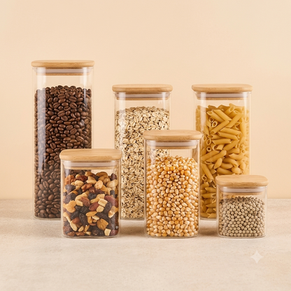 Aura Glass Pantry Jars with Bamboo Lids – Set of 6