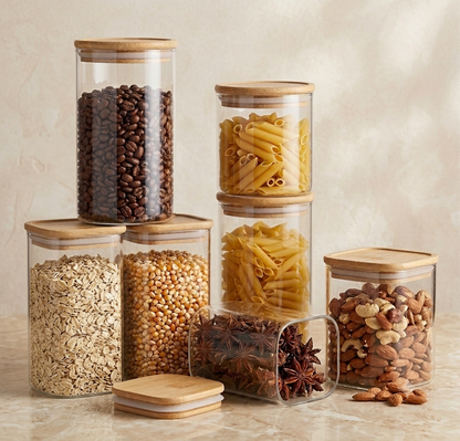 Aura Glass Pantry Jars with Bamboo Lids – Set of 6