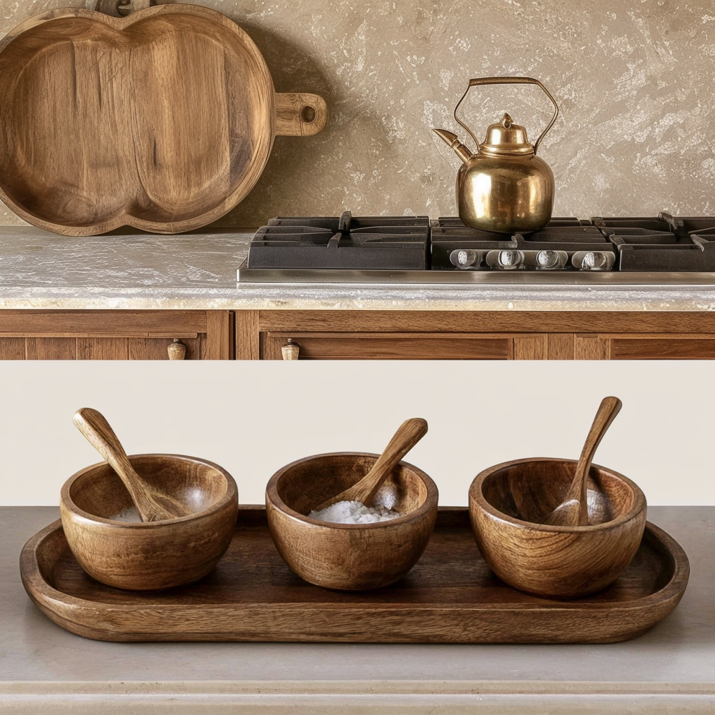 Spice Bowl Set with Wood Spoons on a Mango Wood Tray