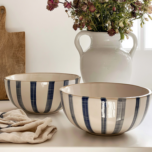 Set of 2 Blue-Striped Ceramic Serving Bowls – 9-Inch Large Bowls for Salad, Soup & Entertaining