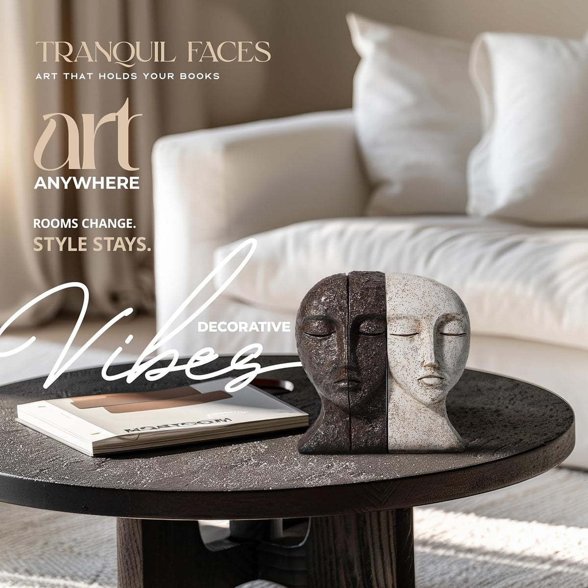 Heavy Duty Bookends for Heavy Books, Book Ends for Shelves, Unique Decorative Book Ends, Aesthetic Bookshelf Decor, Modern Home Decor Sculptural Book Holder/Book Stoppers, the Tranquil Faces