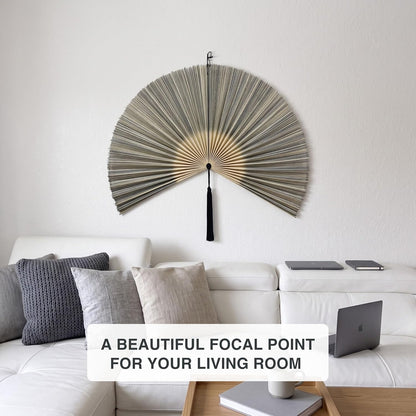 Grey White Bamboo Wall Fan, 40" Boho Wall Art for Queen Bed Decor