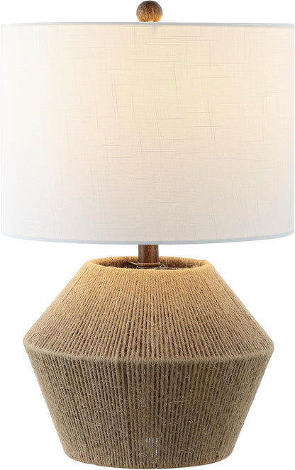 Alma 21.75" Coastal Rustic Rope Metal Table Lamp, Brown | White Linen Drum Shade, Farmhouse Bedside Nightstand Light, for Living Room, LED Bulb Included