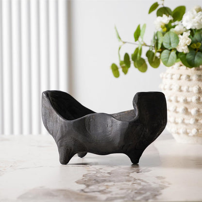 Oak Wood Black Decorative Bowl, 9.25X5.51 Inch Small Bowl | Matte Black Bowl for Entryway Key, Fruit, Candy with Feet, Boho Farmhouse Home Decor for Dining Room Coffee Table Centerpiece