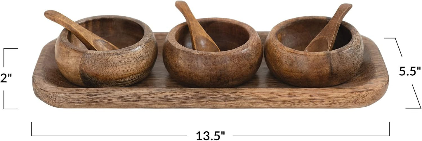 Spice Bowl Set with Wood Spoons on a Mango Wood Tray