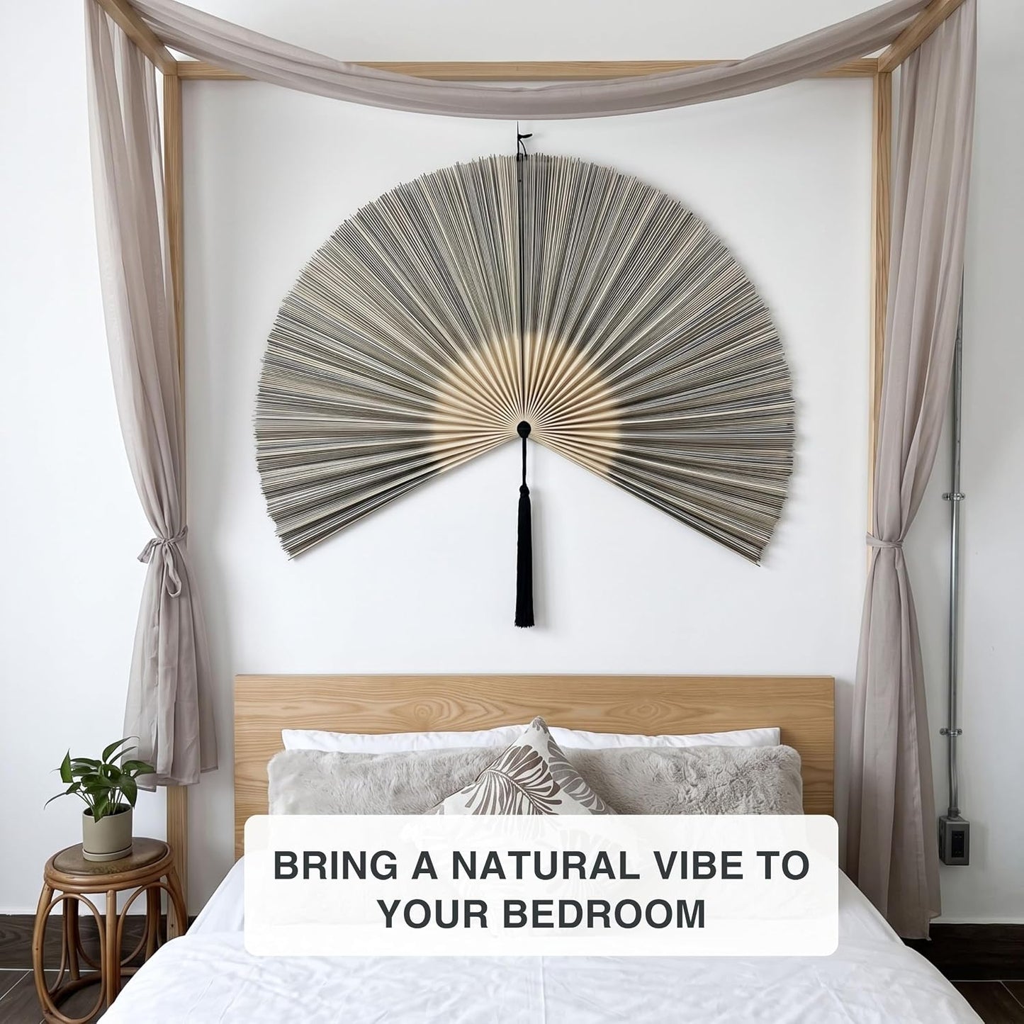 Grey White Bamboo Wall Fan, 40" Boho Wall Art for Queen Bed Decor
