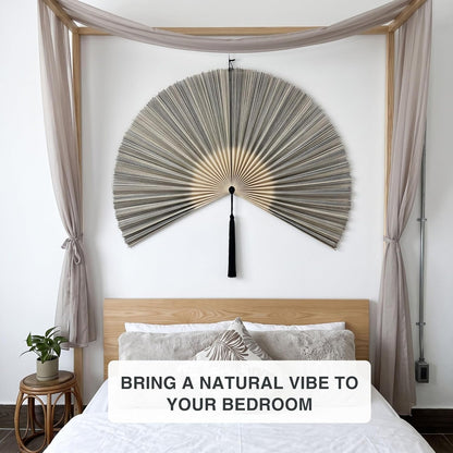 Grey White Bamboo Wall Fan, 40" Boho Wall Art for Queen Bed Decor
