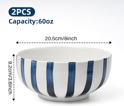 Set of 2 Blue-Striped Ceramic Serving Bowls – 9-Inch Large Bowls for Salad, Soup & Entertaining