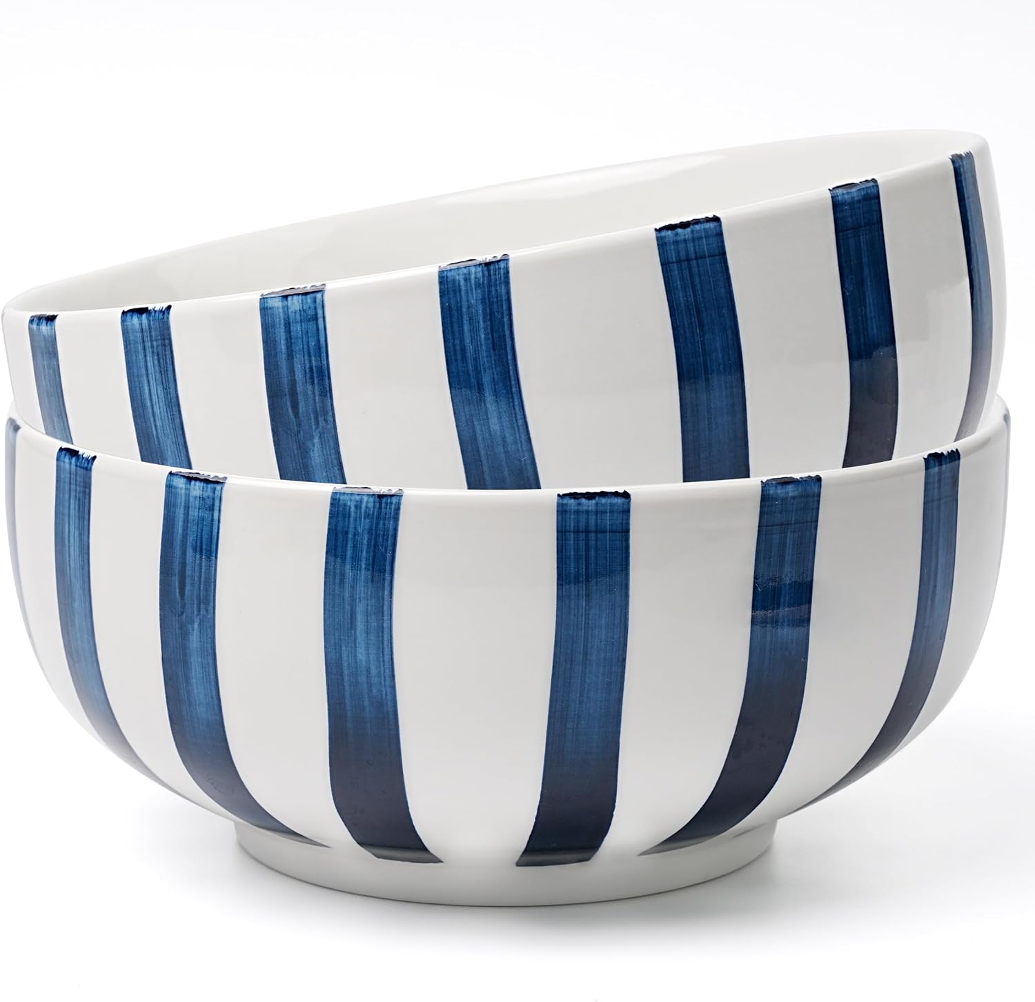 Set of 2 Blue-Striped Ceramic Serving Bowls – 9-Inch Large Bowls for Salad, Soup & Entertaining