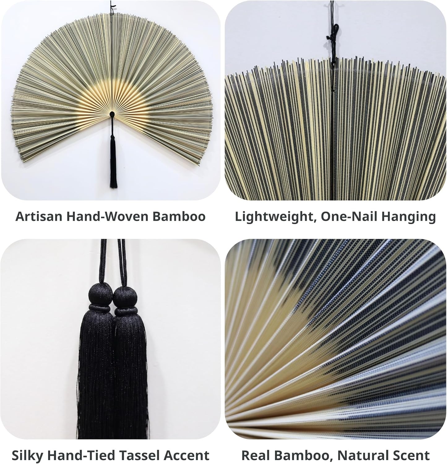 Grey White Bamboo Wall Fan, 40" Boho Wall Art for Queen Bed Decor