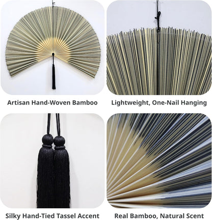 Grey White Bamboo Wall Fan, 40" Boho Wall Art for Queen Bed Decor