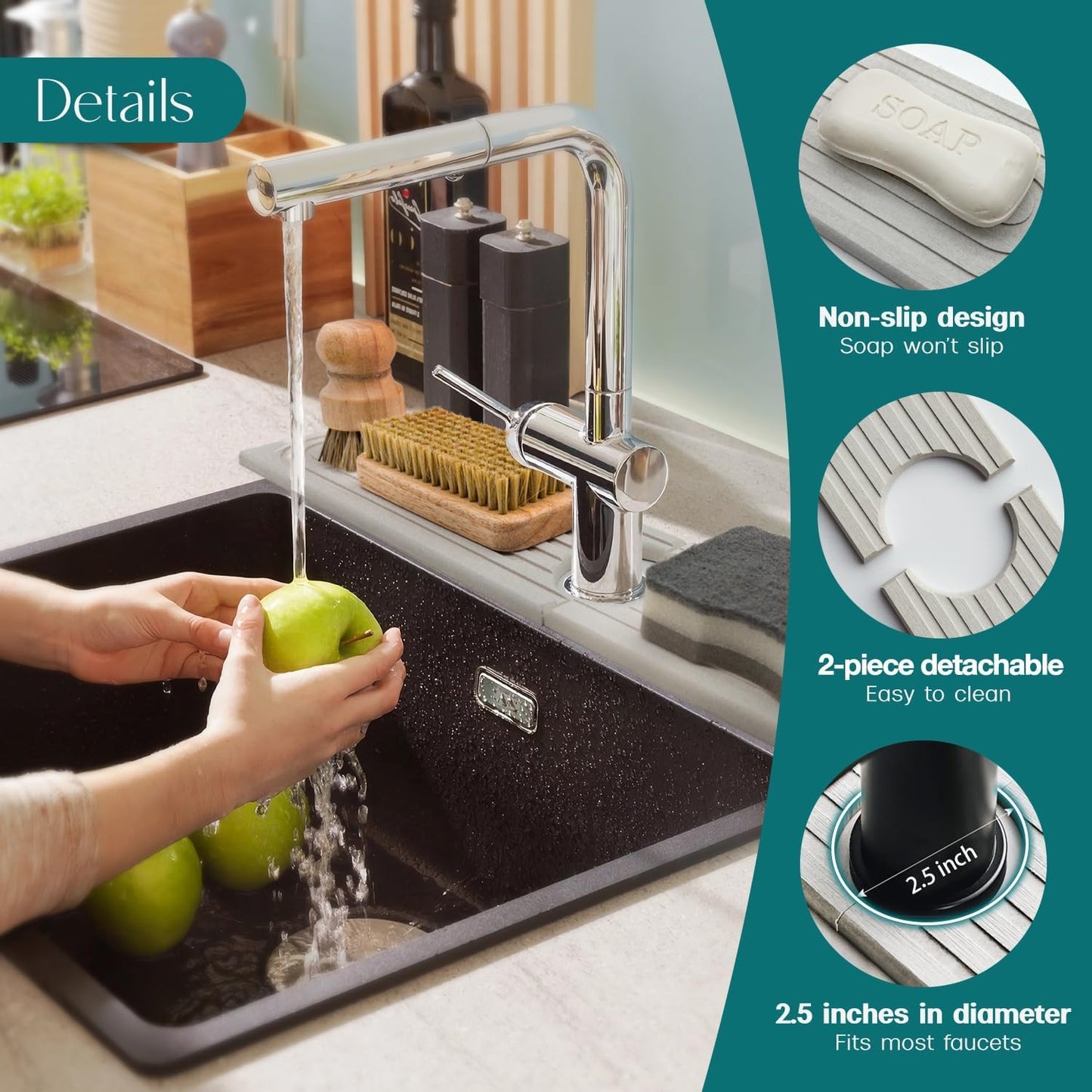 Faucet Mat for Kitchen Sink – Diatomite Stone Drying Mat & Sink Protectors, Prevent Moisture – Sink Splash Guard Water-Absorbing Stone Tray for Bathroom Counter (Light Grey, 23.6" X 3.9")