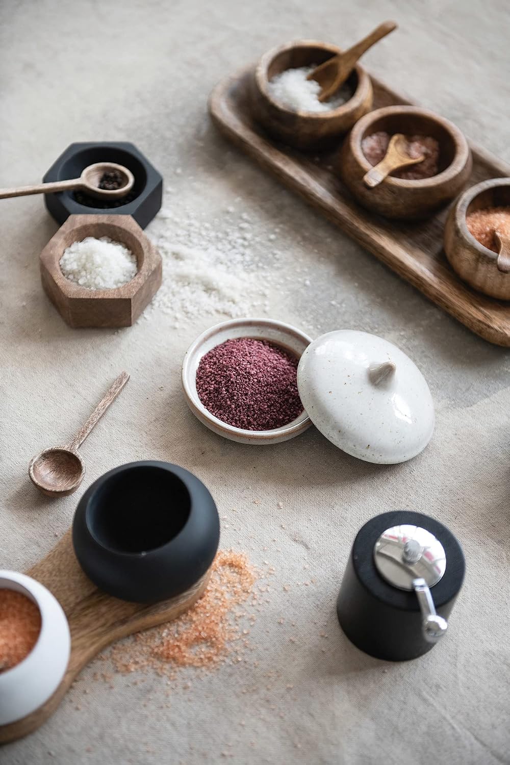 Spice Bowl Set with Wood Spoons on a Mango Wood Tray
