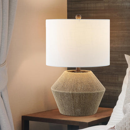 Alma 21.75" Coastal Rustic Rope Metal Table Lamp, Brown | White Linen Drum Shade, Farmhouse Bedside Nightstand Light, for Living Room, LED Bulb Included