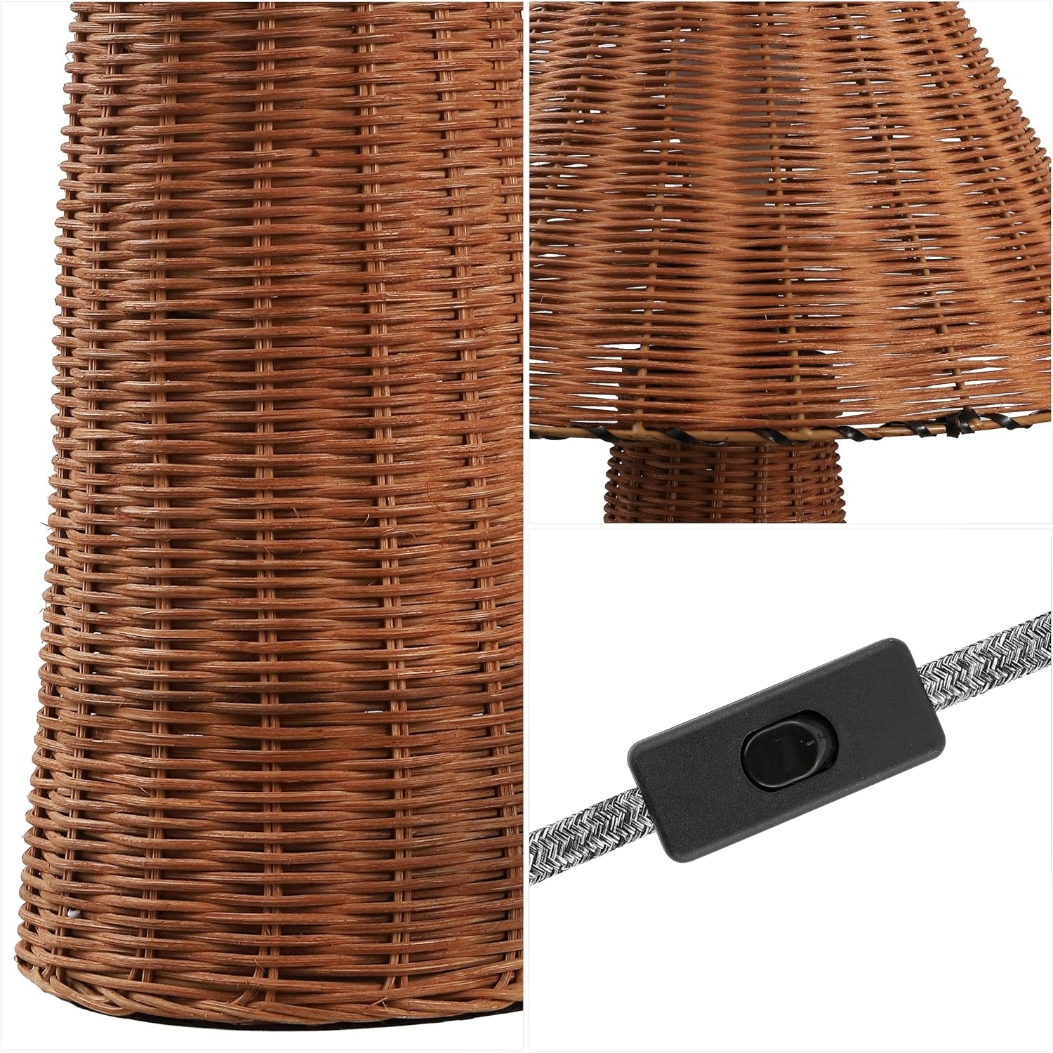 Kara 26.5" Modern Coastal Woven Rattan Table Lamp, Dark Brown | Scandinavian Minimalist Tapered Cylinder Wicker Bedside Nightstand Light, In-Line Switch, LED Bulb Included