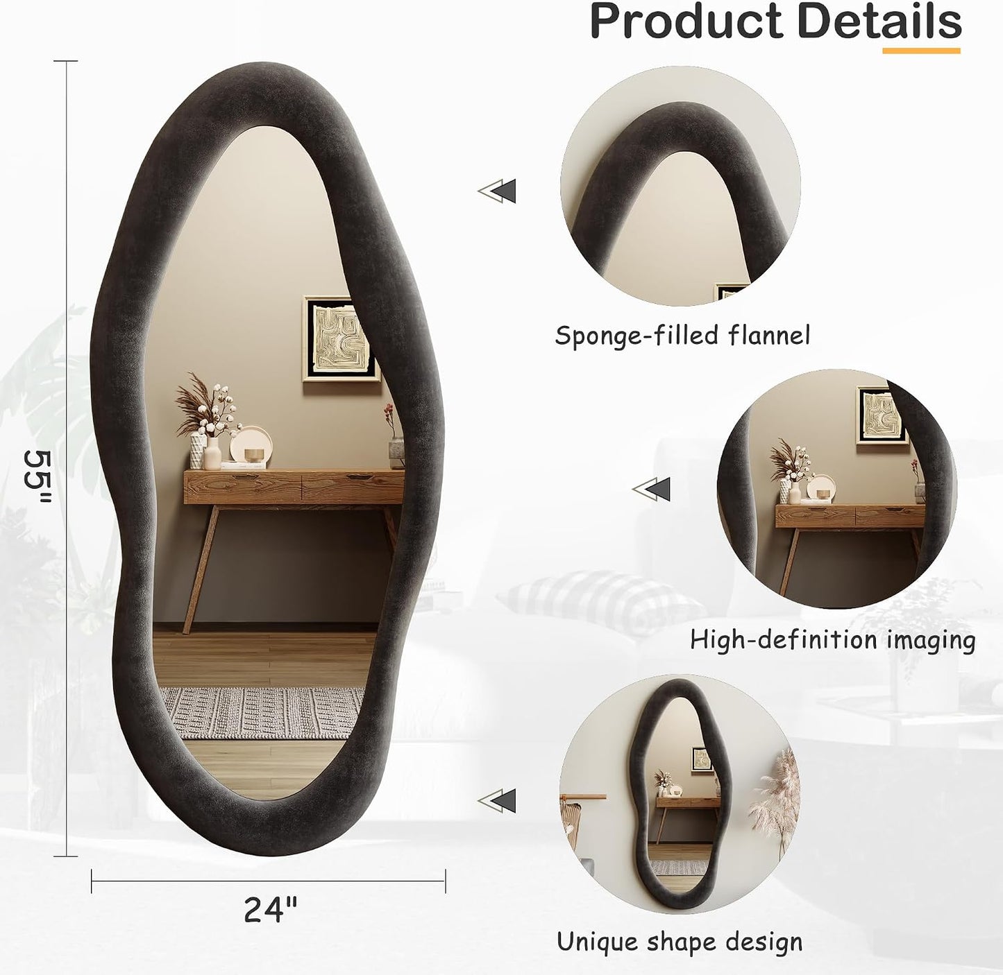 55" X 24" Wavy Mirror, Flannel Wrapped Wooden Frame, Irregular Hanging for Cloakroom/Bedroom/Living Room, Black