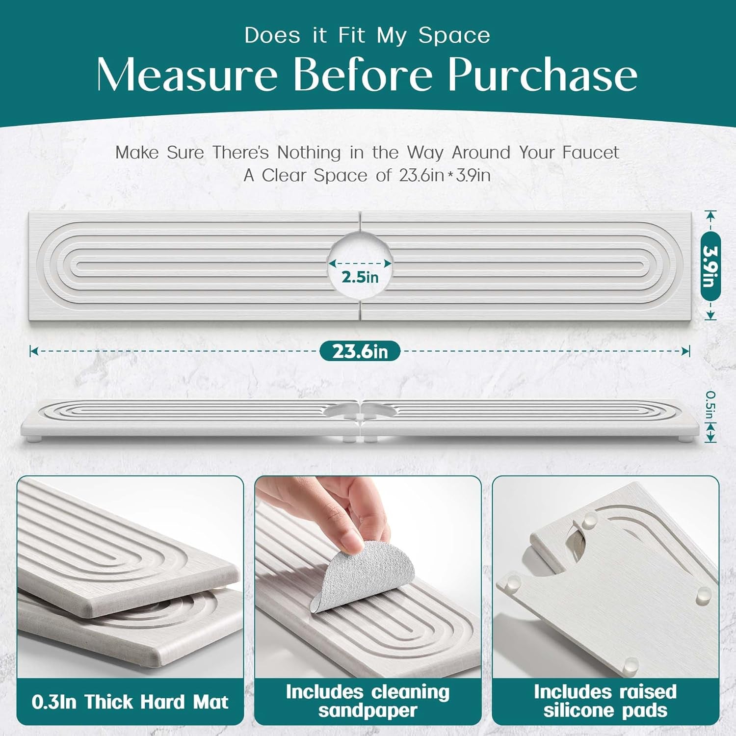 Faucet Mat for Kitchen Sink – Diatomite Stone Drying Mat & Sink Protectors, Prevent Moisture – Sink Splash Guard Water-Absorbing Stone Tray for Bathroom Counter (Light Grey, 23.6" X 3.9")