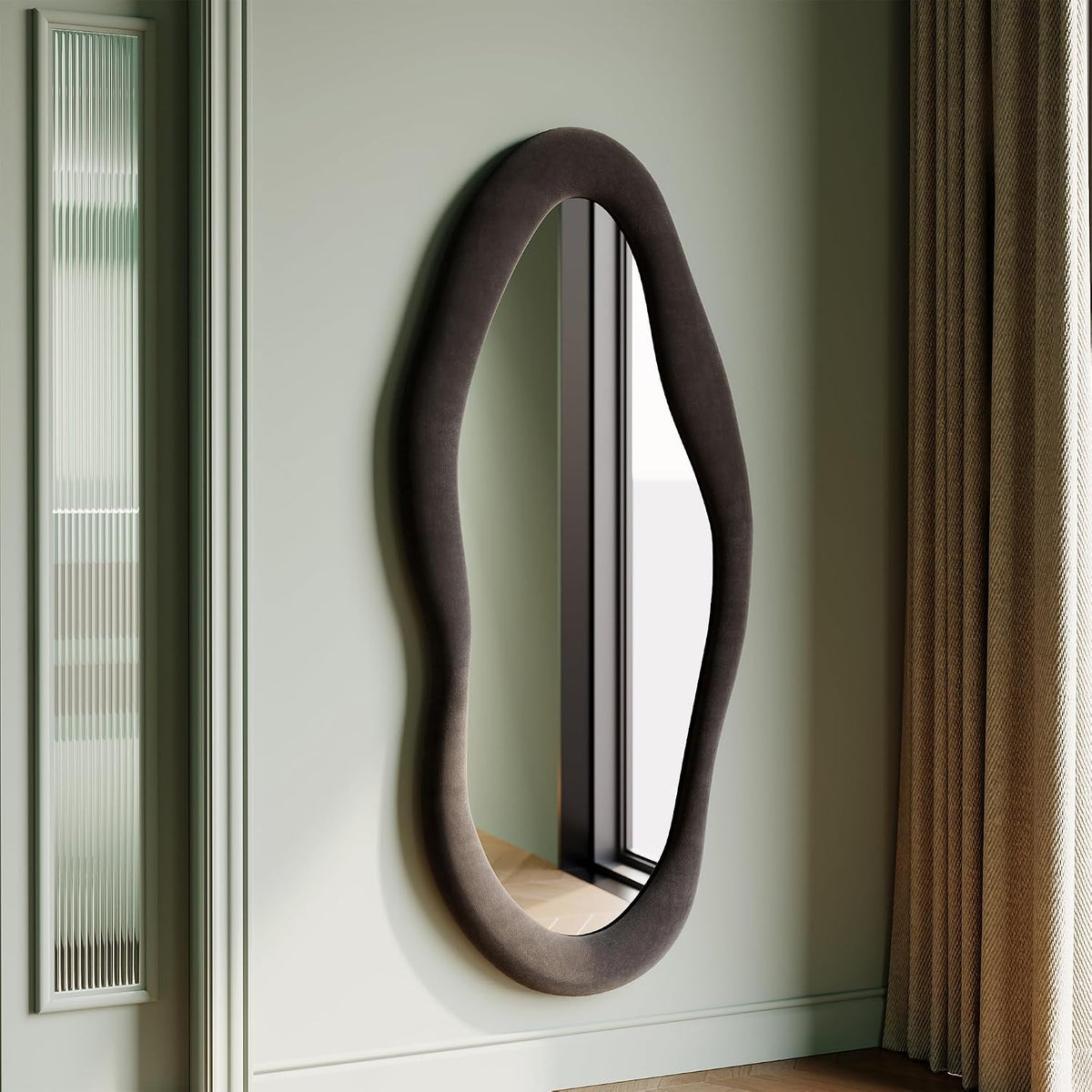 55" X 24" Wavy Mirror, Flannel Wrapped Wooden Frame, Irregular Hanging for Cloakroom/Bedroom/Living Room, Black