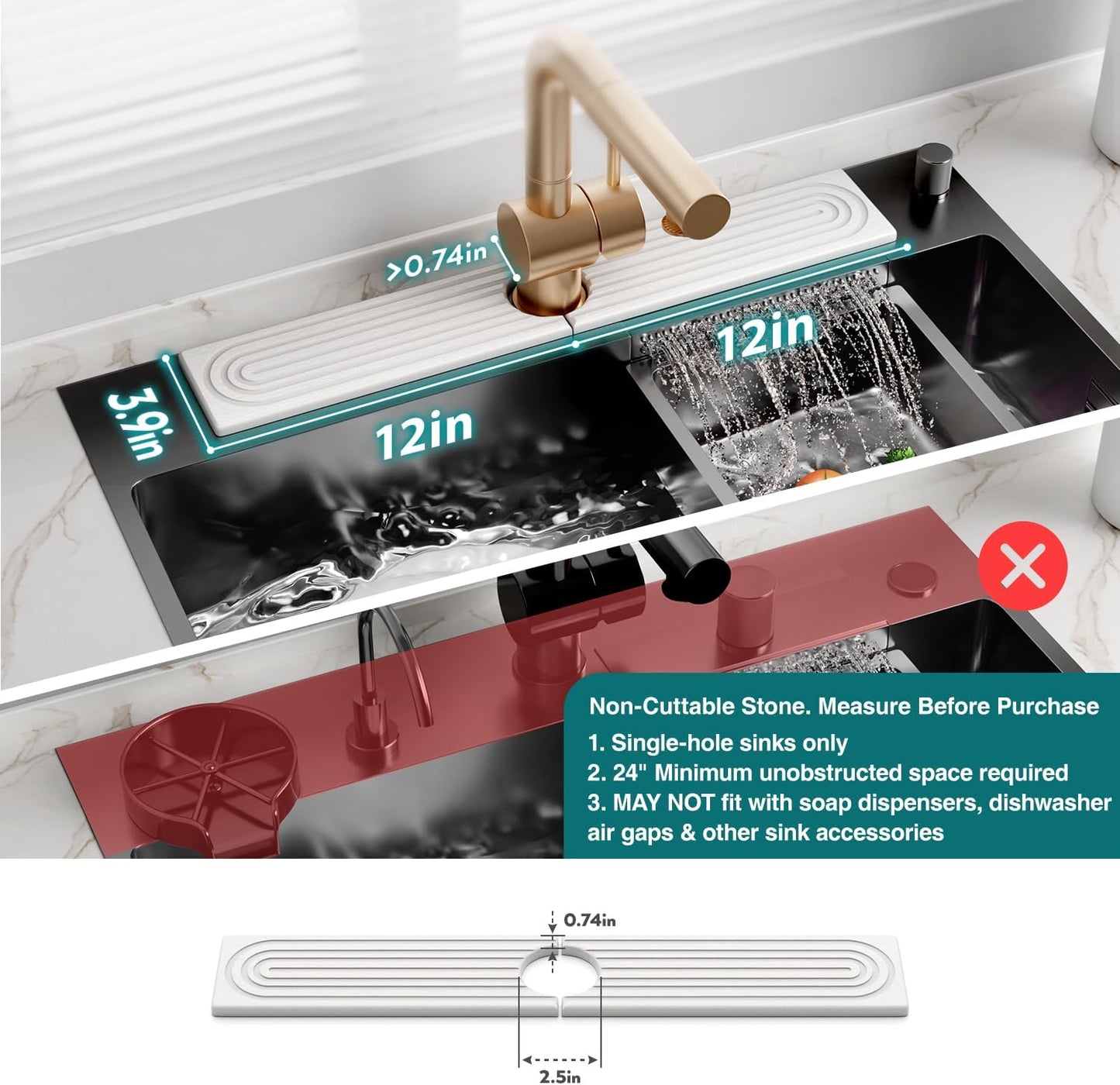 Faucet Mat for Kitchen Sink – Diatomite Stone Drying Mat & Sink Protectors, Prevent Moisture – Sink Splash Guard Water-Absorbing Stone Tray for Bathroom Counter (Light Grey, 23.6" X 3.9")