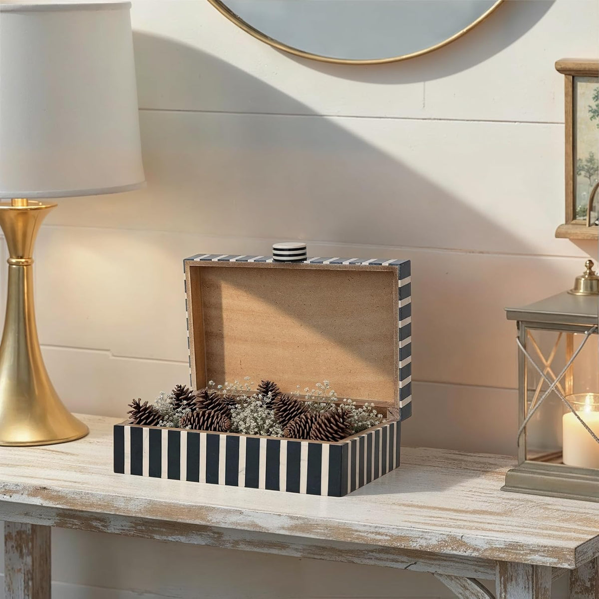 Creative Co-Op Handmade Mango Wood and Resin Striped Storage Box with Knob, Black, Tan & Natural