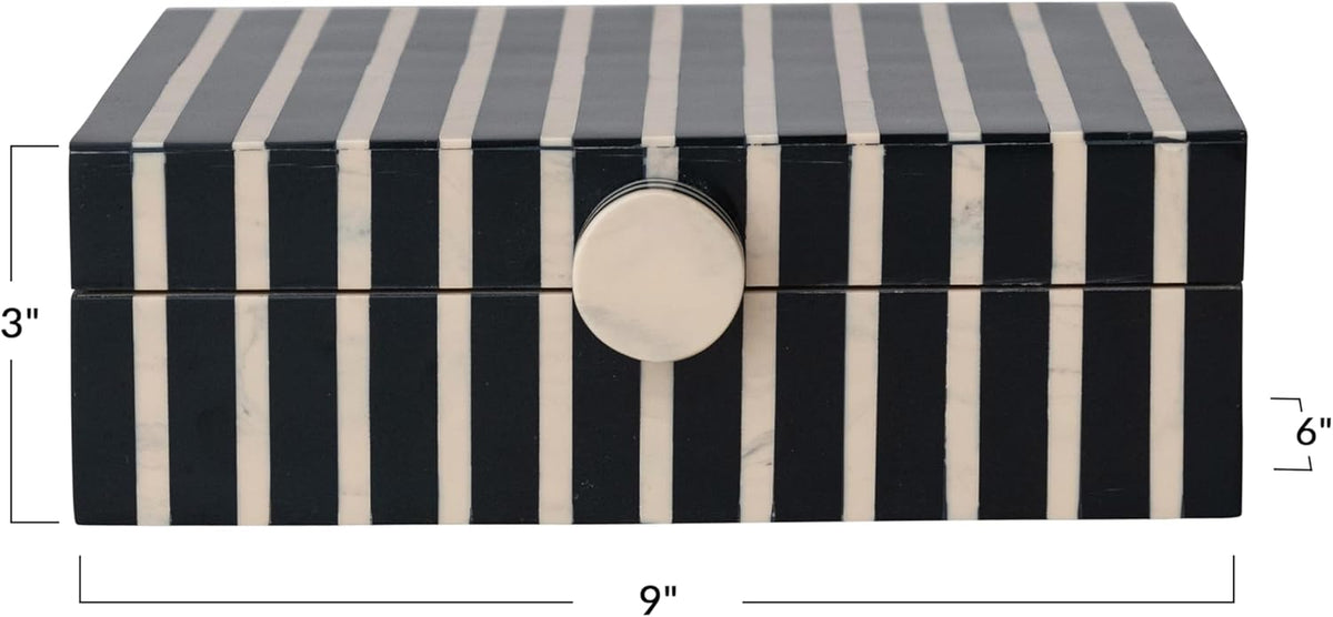 Creative Co-Op Handmade Mango Wood and Resin Striped Storage Box with Knob, Black, Tan & Natural
