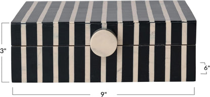 Creative Co-Op Handmade Mango Wood and Resin Striped Storage Box with Knob, Black, Tan & Natural