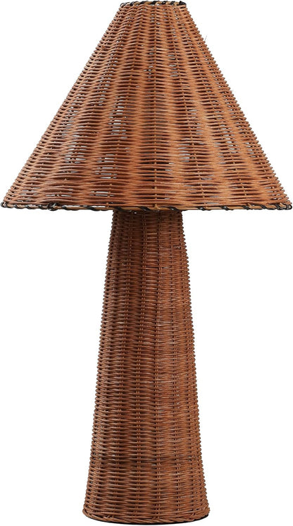 Kara 26.5" Modern Coastal Woven Rattan Table Lamp, Dark Brown | Scandinavian Minimalist Tapered Cylinder Wicker Bedside Nightstand Light, In-Line Switch, LED Bulb Included