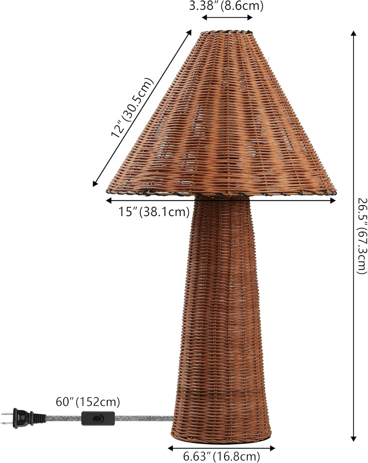 Kara 26.5" Modern Coastal Woven Rattan Table Lamp, Dark Brown | Scandinavian Minimalist Tapered Cylinder Wicker Bedside Nightstand Light, In-Line Switch, LED Bulb Included