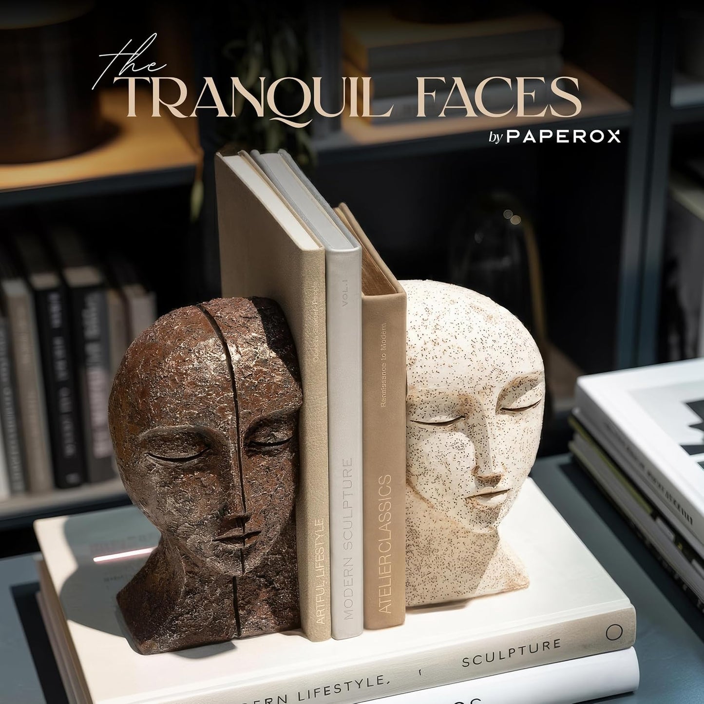 Heavy Duty Bookends for Heavy Books, Book Ends for Shelves, Unique Decorative Book Ends, Aesthetic Bookshelf Decor, Modern Home Decor Sculptural Book Holder/Book Stoppers, the Tranquil Faces