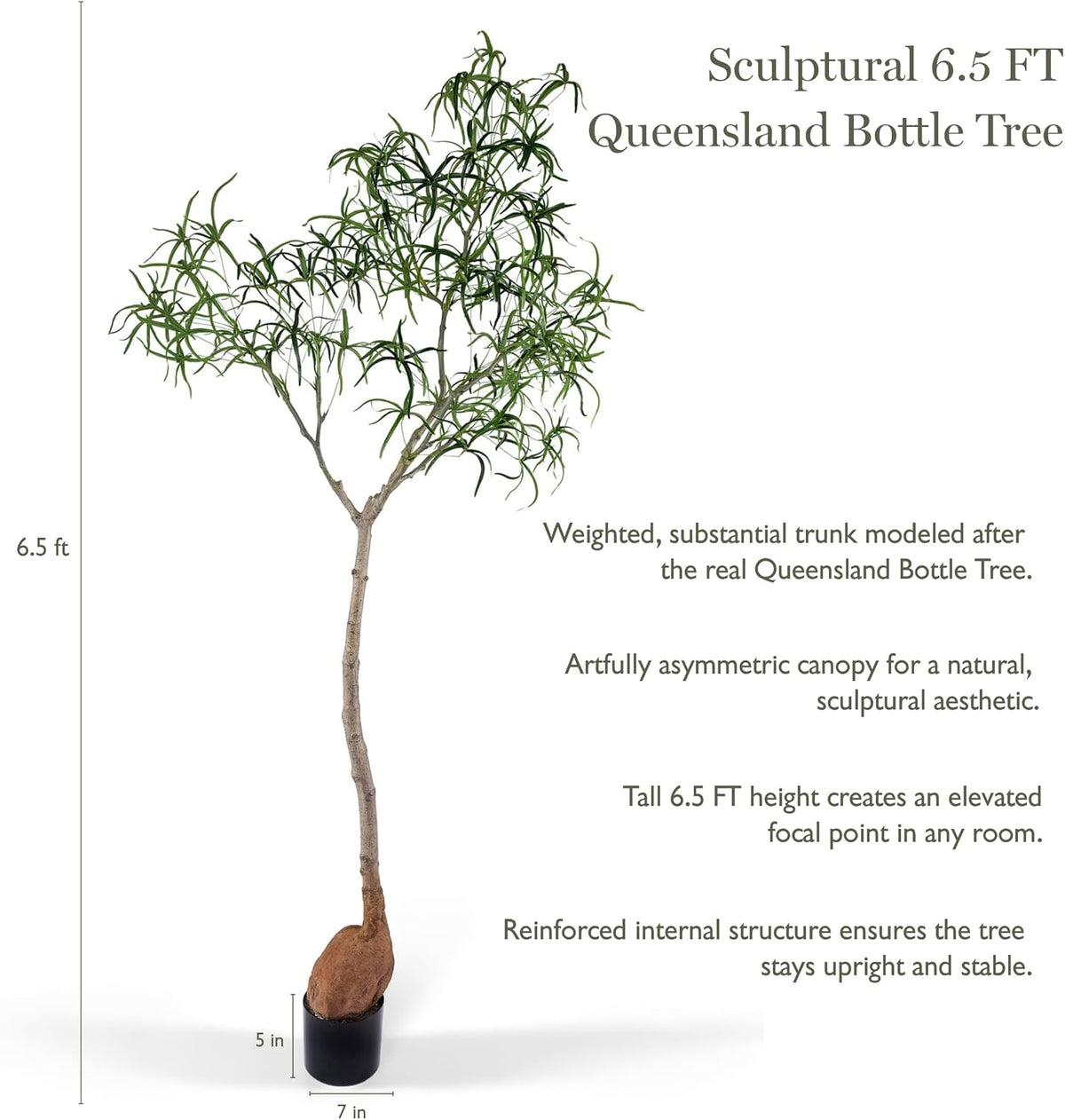 6.5FT Queensland Bottle Tree, Sculptural Faux Tree for Japandi & Wabi-Sabi Interiors, Premium Silk Leaves & Swollen Trunk, Artificial Indoor Plant for Living Room Decor