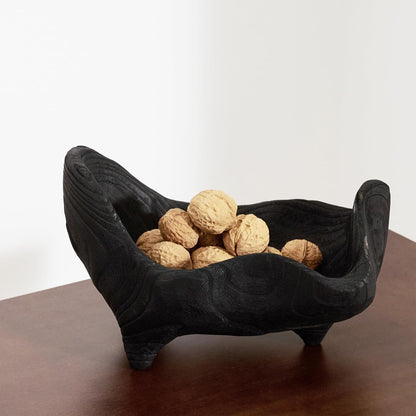 Oak Wood Black Decorative Bowl, 9.25X5.51 Inch Small Bowl | Matte Black Bowl for Entryway Key, Fruit, Candy with Feet, Boho Farmhouse Home Decor for Dining Room Coffee Table Centerpiece