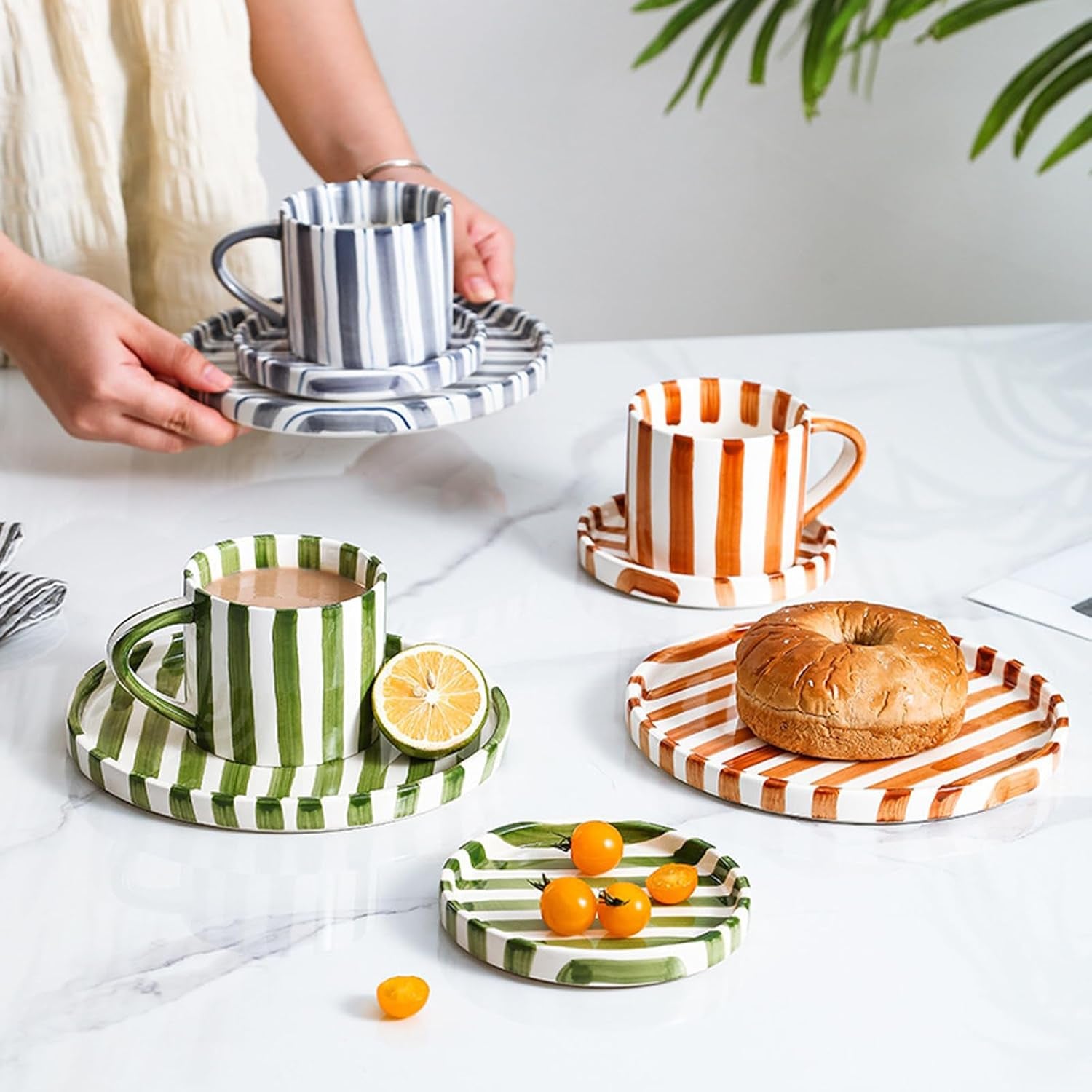 8 Oz Coffee Mug Large Espresso Cups with Saucer Ceramic Coffee Mugs Porcelain Coffee Cup with Saucer Hand-Painted Striped Art Cup and Saucer,C